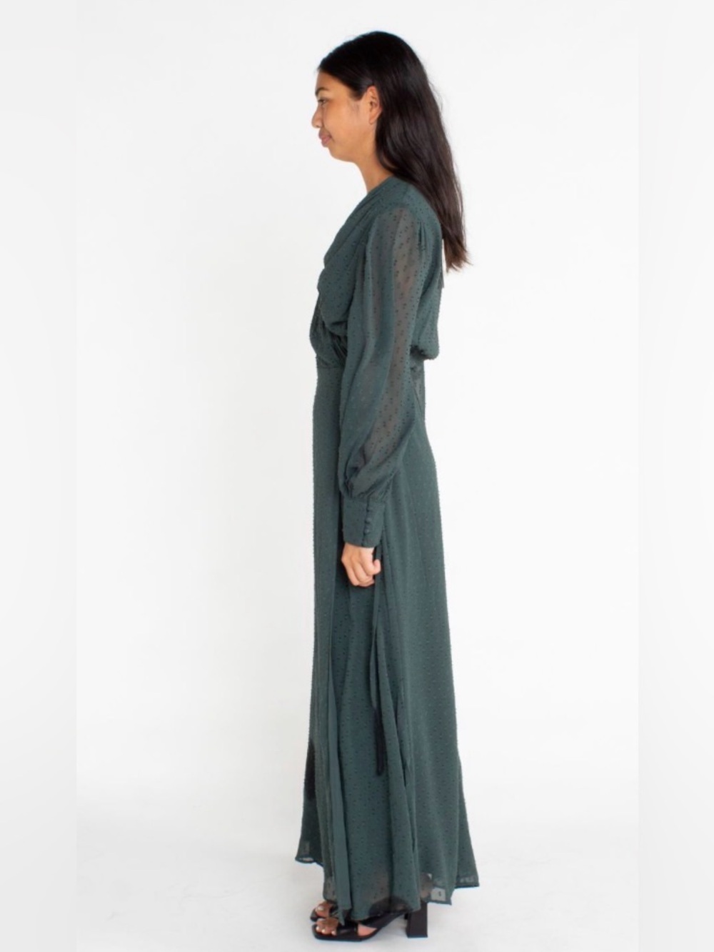 Elegant Dark Green Wrap Maxi Dress with Sheer Bishop Sleeves - Picture 3 of 9